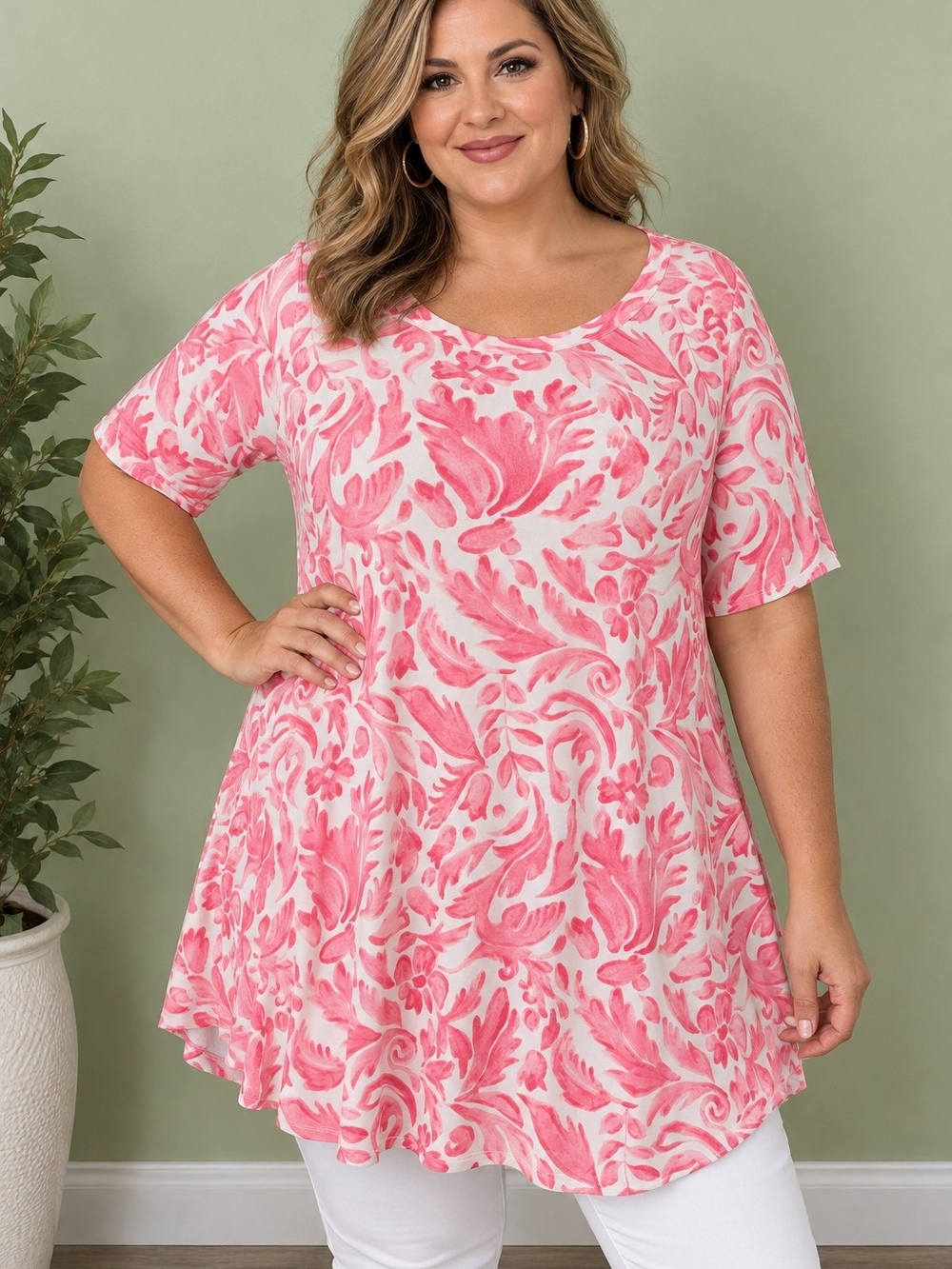 Lane Bryant Women’s 14/16 Pink Floral Swing Tunic Top Rayon Stretch NWT